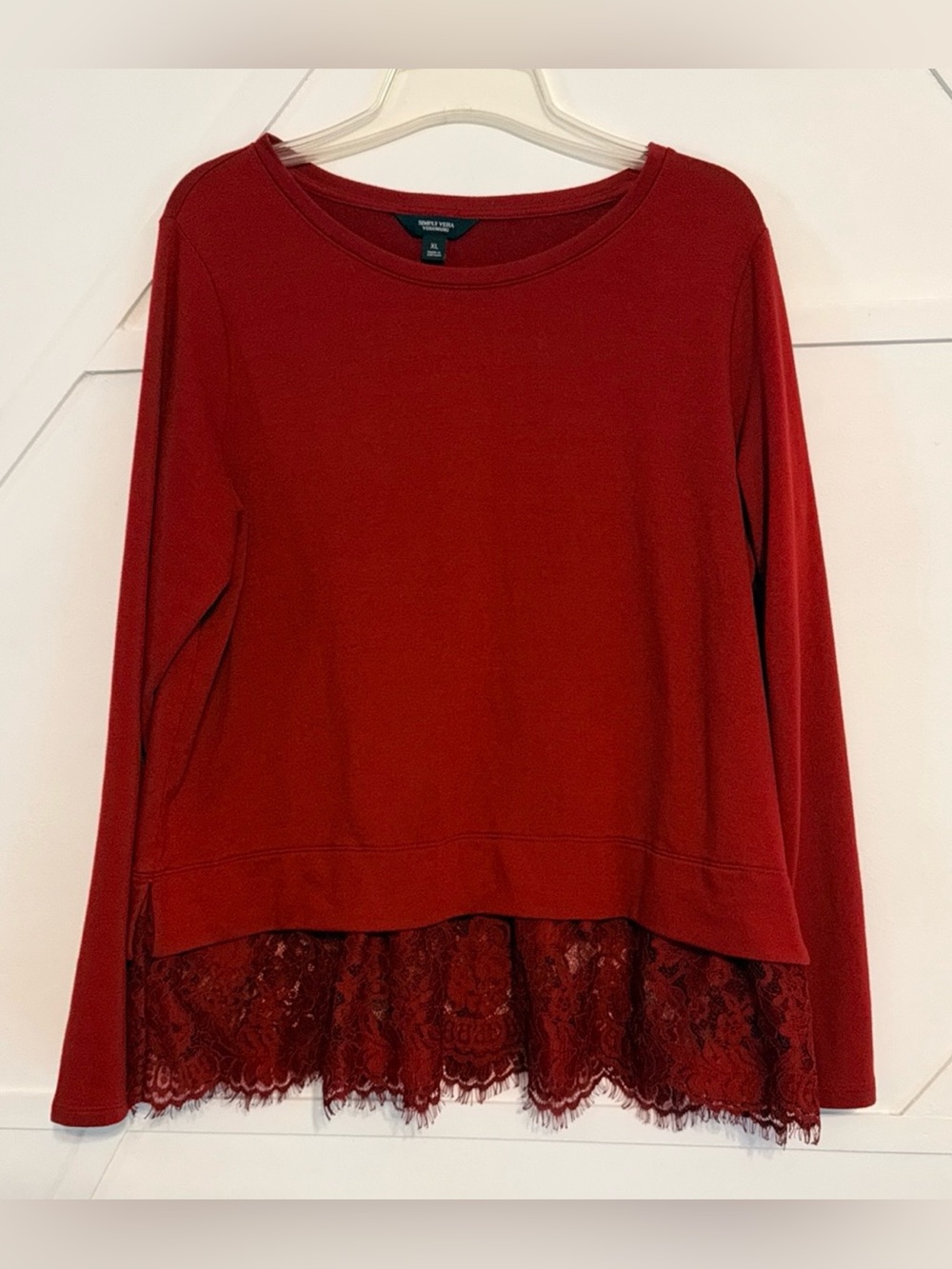 Simply Vera Vera Wang Red Lace-Hem Long Sleeve Top